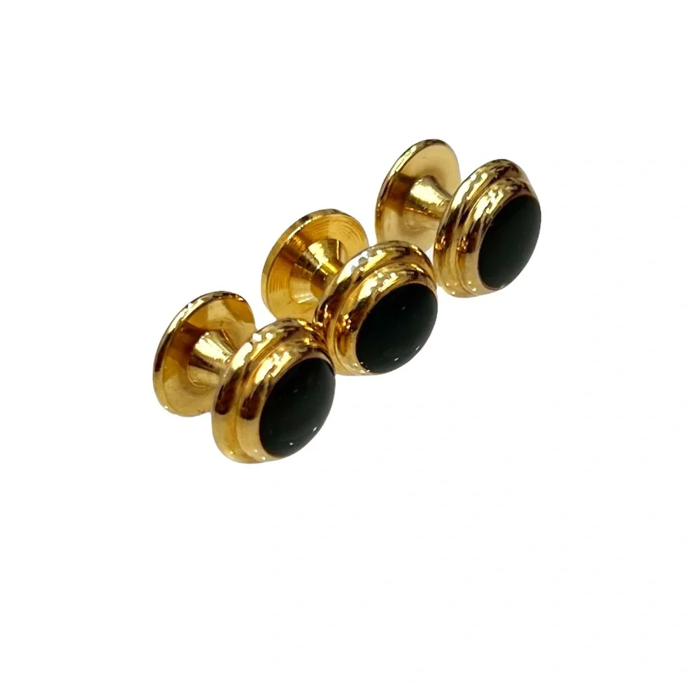 VINTAGE BLACK CENTER & GOLD TONE TUXEDO SHIRT STUDS - SET OF 3